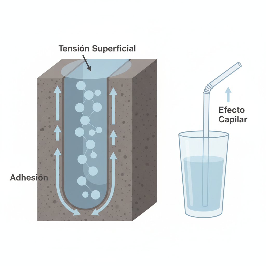 A conceptual 3D flat illustration or diagram explaining the science behind capillary action. The main visual should be a stylized cross-section of a pore within a construction material, with water molecules inside. Two distinct forces should be visually represented: arrows pointing upwards along the pore walls labeled "Adhesión" (representing the attraction of water to the material), and a subtle visual 'skin' at the water's surface labeled "Tensión Superficial." A small, adjacent illustration of a straw in a glass of water could serve as a simple analogy to reinforce the concept. The color palette should be muted blues, grays, and browns, with clear, legible text.