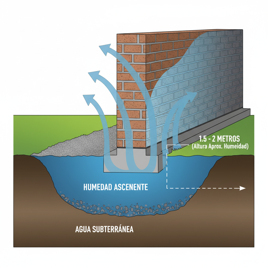 A detailed infographic-style illustration depicting a cross-section of a building wall and its foundation, clearly showing the ground level and underground. Arrows illustrate water from the subsoil ascending through the porous bricks and mortar of the wall due to capillary action. Labels such as "Agua Subterránea," "Muro Poroso," and "Humedad Ascendente" should be visible. The illustration should also highlight the approximate height the humidity can reach (e.g., 1.5 - 2 meters), with a subtle visual effect indicating moisture spreading upwards. The style should be clean, informative, and suitable for a technical article.